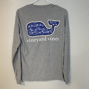 Vineyard Vines T-Shirt Size XS‎ Men's Fish Whale Crew Neck Long Sleeve Gray Blue